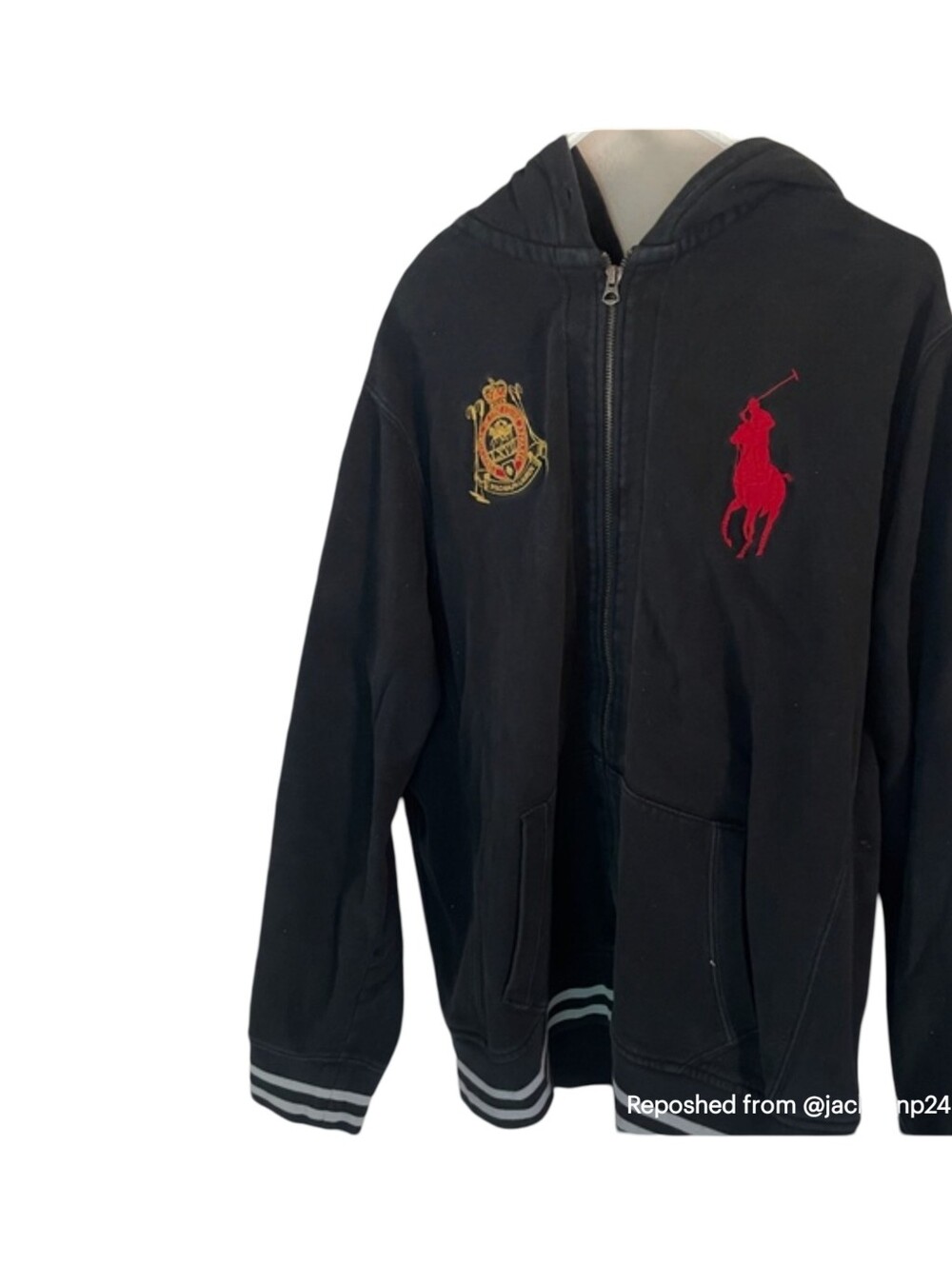 Ralph Lauren Black Zip Hoodie with Red Pony and Gold Crest